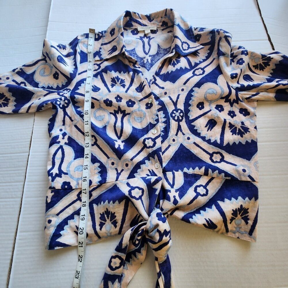 Christian Siriano NY Women's Size L Linen Blend Floral Tie Front Button Down Top - Picture 14 of 16